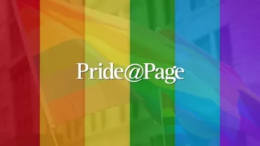 Bandera arcoíris con texto Pride@Page en el centro.