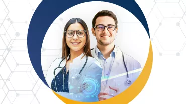 Dos profesionales de la salud sonriendo en un diseño moderno.