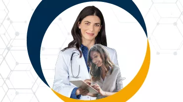 Médica sonriendo con estetoscopio en fondo geométrico.