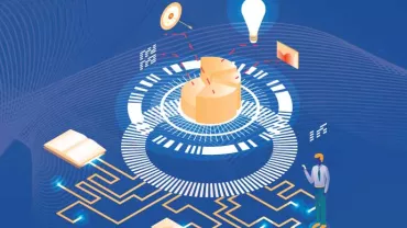 Infografía con gráfico circular, bombilla y libros sobre fondo azul.