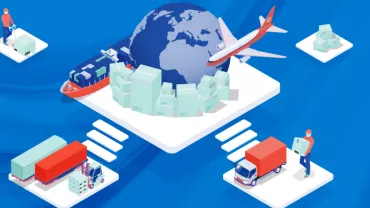 Ilustración de logística global con camión, barco y avión.