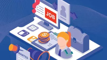 Ilustración de búsqueda de empleo con computadora y símbolos laborales.