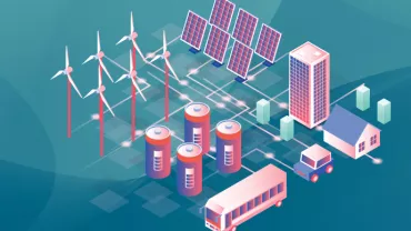Ilustración de un sistema energético con paneles solares y turbinas eólicas.