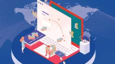 Ilustración de un portátil abierto con gráficos y figuras humanas en un entorno digital.