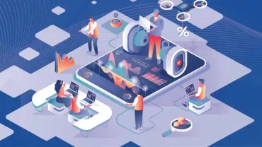 Ilustración de oficina con gráficos digitales y personas usando tecnología.