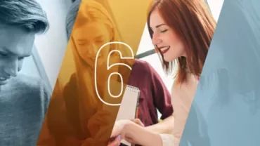 Personas colaborando juntas, número 6 superpuesto.