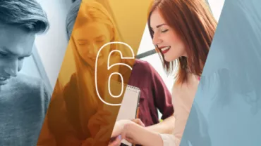 Personas colaborando juntas, número 6 superpuesto.