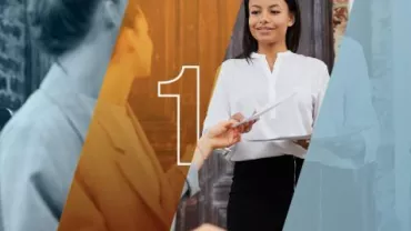 Mujer recibiendo un documento en una oficina, número uno en el centro.