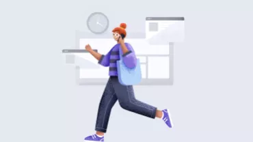 Persona caminando rápido con bolso azul y teléfono en mano, fondo de reloj y ventanas.