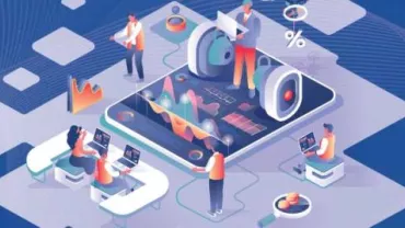 Ilustración de personas trabajando con tecnología y análisis de datos.