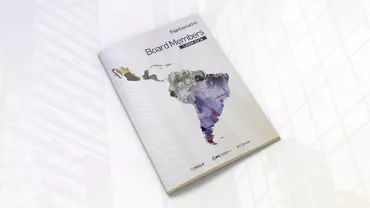 Portada de un informe titulado 'Board Members' con mapa de Sudamérica.