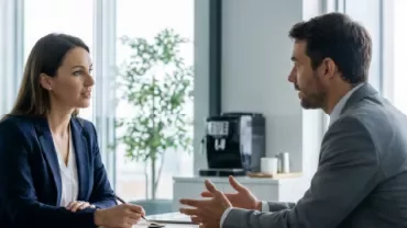 Dos profesionales conversando durante una reunión en una oficina moderna y luminosa.