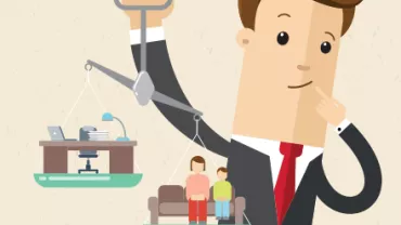 Ilustración de un hombre sosteniendo una balanza con una oficina y una familia en cada lado.