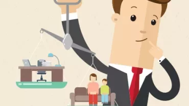 Ilustración de un hombre sosteniendo una balanza con una oficina y una familia en cada lado.