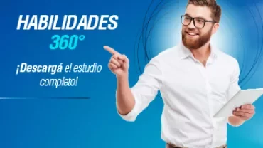 Hombre con tablet apuntando a texto: Habilidades 360°, ¡Descargá el estudio completo!