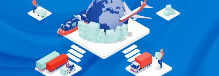 Ilustración de logística global con camión, barco y avión.