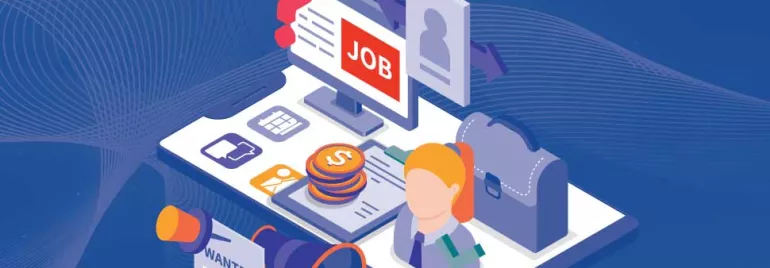 Ilustración de búsqueda de empleo con computadora y símbolos laborales.