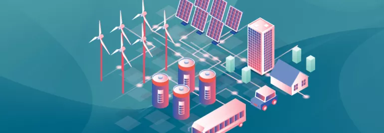 Ilustración de un sistema energético con paneles solares y turbinas eólicas.