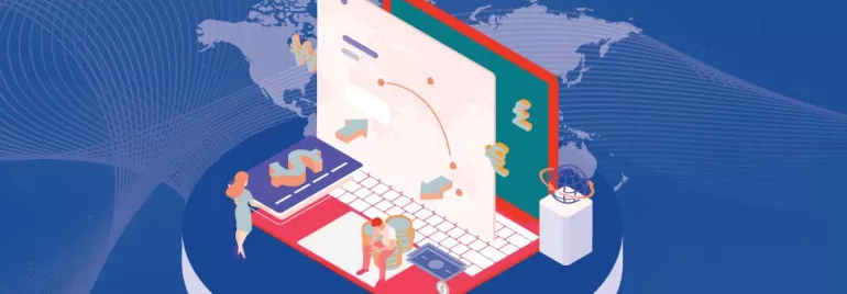 Ilustración de un portátil abierto con gráficos y figuras humanas en un entorno digital.