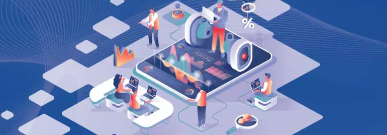 Ilustración de oficina con gráficos digitales y personas usando tecnología.