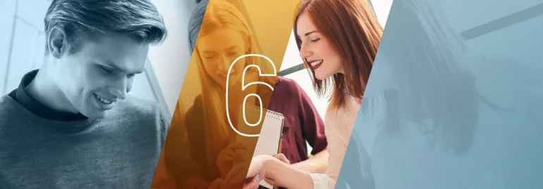 Personas colaborando juntas, número 6 superpuesto.