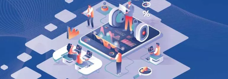 Ilustración de personas trabajando con tecnología y análisis de datos.
