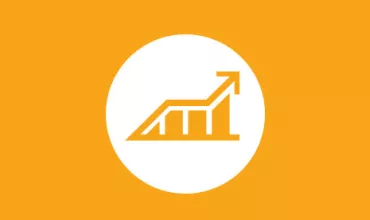 Icono de gráfico ascendente en círculo blanco y fondo naranja.