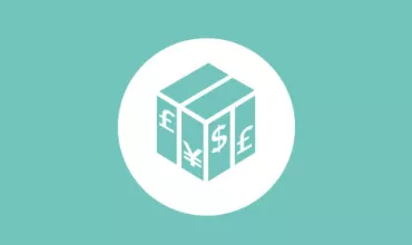 Icono de caja con símbolos de divisas en un círculo