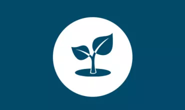 Icono de una planta con dos hojas sobre fondo azul.