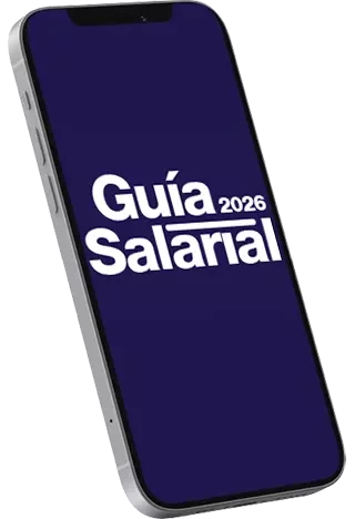Mockup de celular con pantalla violeta que dice “Guía Salarial 2026”.